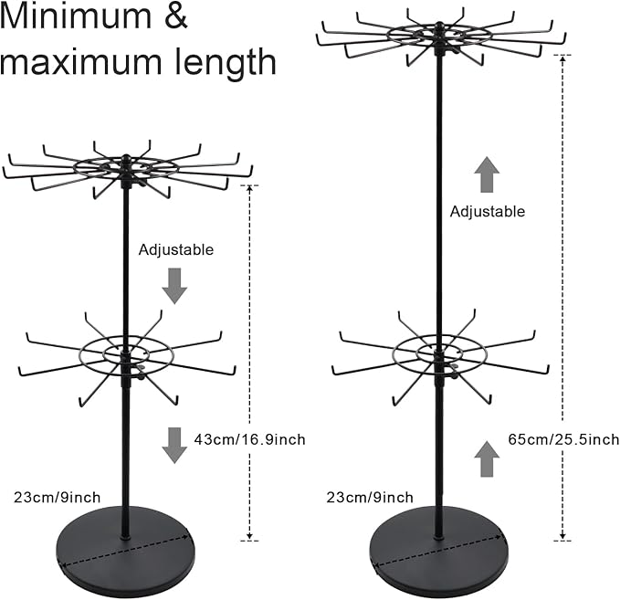 Dual Adjustable (Total Height & Tier Heighs) CounterTop Spinner Display Stand, Heavy Duty 2-Tiers, Black