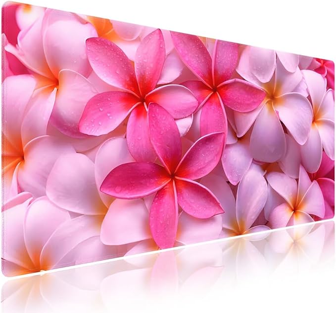 Wknoon. Extra Large Gaming & Office Mouse Pad (31.5" x 11.8") with Durable Stitched Edges – Girly Tropical Plumeria Flowers Bliss Close-up of Vibrant Red Hot Pink Exotic Hawaii Floral, XXL Desk Mat