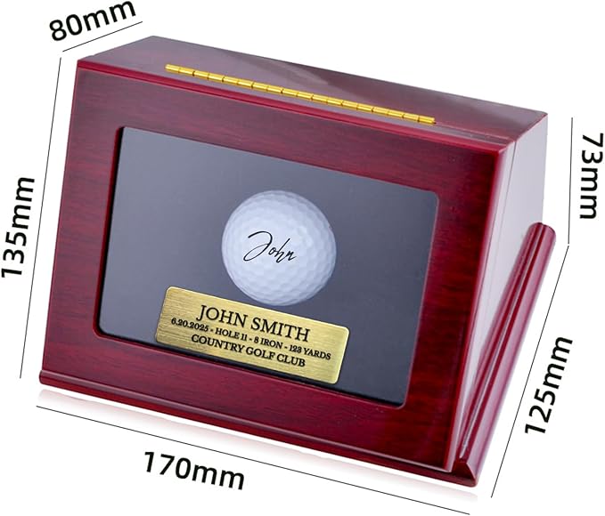 Custom Golf Ball Display Case for Hole-in-One Balls - Premium Walnut Wood Memorabilia Box with Engraved Metal Plate, UV Protection & Single Ball Holder for Dad, Husband