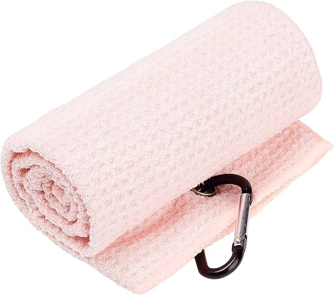 VIVIDLY 2 Pack Tri-fold Golf Towels, Premium Microfiber Fabric Waffle Pattern with Black Heavy Duty Carabiner Clip, Pink Golf Towels for Golf Bags for Men (Pink)