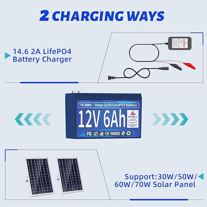12V 6Ah LiFePO4 Lithium Battery, 6A BMS 76.8W Output Power, 4000+ Deep Cycles & 10 Years Lifetime, Low Self-Discharge, for Fish Finder, Toy Car, Security Camera, Camping, Garage Door Opener, Solar