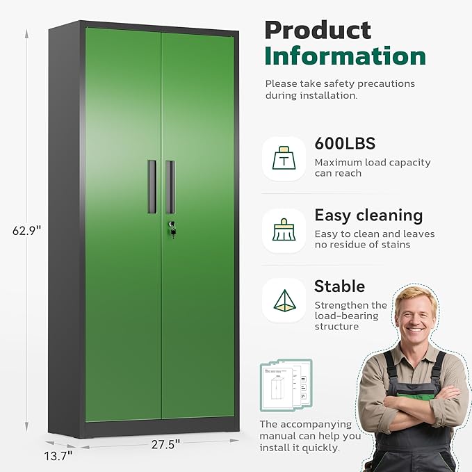 Greenvelly 63" H Metal Storage Cabinet Black Green, Locking Metal Cabinet, Store Tools, Clothes, Tableware and Toiletries, Garage Cabinets with Adjustable Shelves for Office, Home, Garage, Pantry