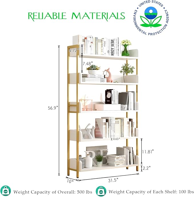 Wide Open Shelf Bookcase - Modern 5-Tier Freestanding Display Bookshelf with Three-Side Panels for Home and Office, Storage Shelving in Warm White with Gold Frame