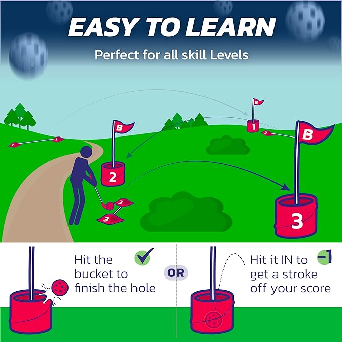 BucketGolf 9 Hole Bundle - Outdoor Golf Game for All Ages. Adults, Kids, Family. Play Anywhere. Yards, Beach, Park, Backyard. Includes 2 Right-Handed Clubs