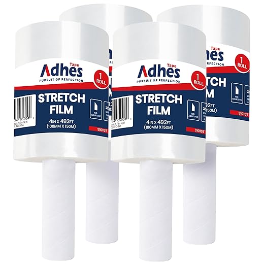 ADHES Handheld Stretch Film, 4 Rolls 100mm x 150m, Heavy Duty Plastic Wrap for Packaging, Moving, and Storage