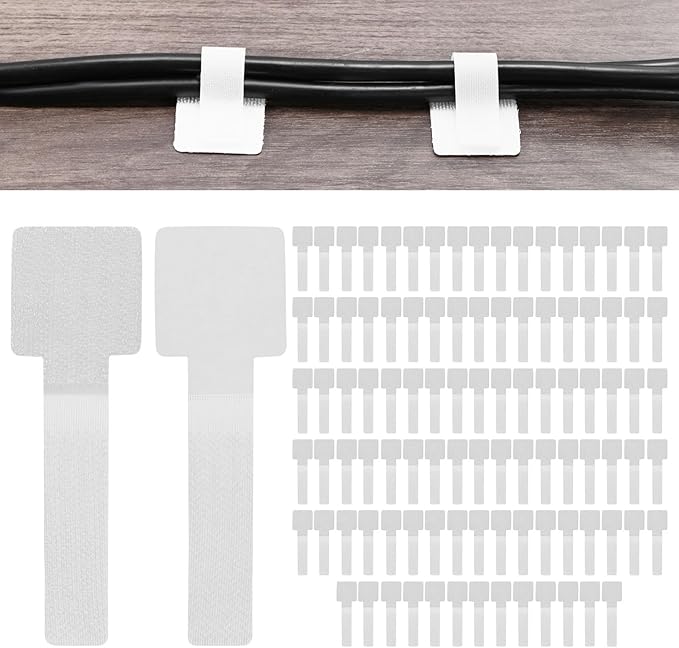100-Pack Hook and Loop Cable Ties, 3.5 x 1.1 Inch Adjustable Self-Adhesive Cord Organizer for Desk/Home/Wall/Office Essentials, Cable Management Under Desk [White]