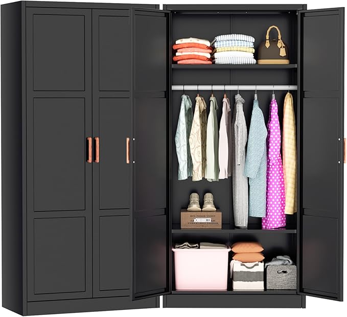 Greenvelly Metal Wardrobe Cabinet with Wooden Handle, 72" Black Metal Wardrobe Closet with Hanging Rods and Adjustable Shelves, Clothing Storage Closet Cabinet for Bedroom, Cloak Room, Laundry Room