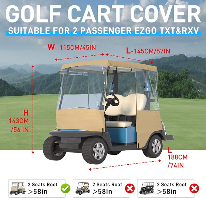 BENVOL Golf Cart Cover, For 2 Seater, Driving Use, 4 Sides Rolled Up, Waterproof, Windproof, Dustproof, 600D Waterproof Oxford Cloth, Super Transparent EVA, For Club Car Precedent/Tempo/ Onward, EZGO