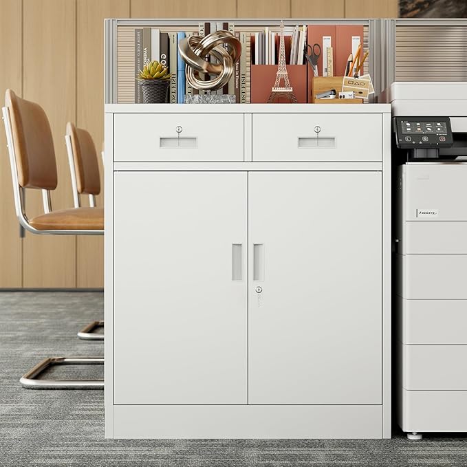 BESFUR Metal Storage Cabinet with 2 Lockable Drawers and 2 Lockable Doors, 36" H White Locking Storage Cabinet with Adjustable Shelf, Metal Cabinet for Home Office, Garage,School, Utility Room