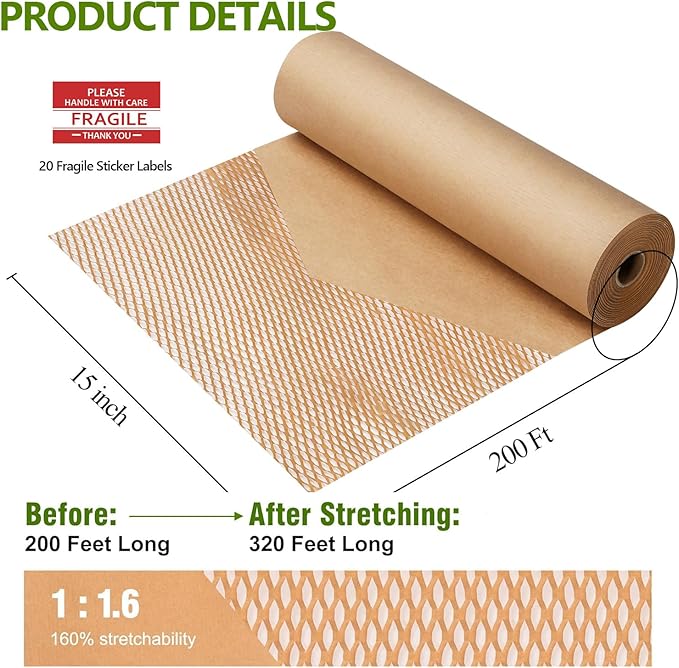 Honeycomb Packing Paper Wrap 15"x200' Sustainable Alternative to Bubble Cushioning Wrap for Moving/shipping/packing Roll with 20 Fragile Sticker Biodegradable & Fully Recylable