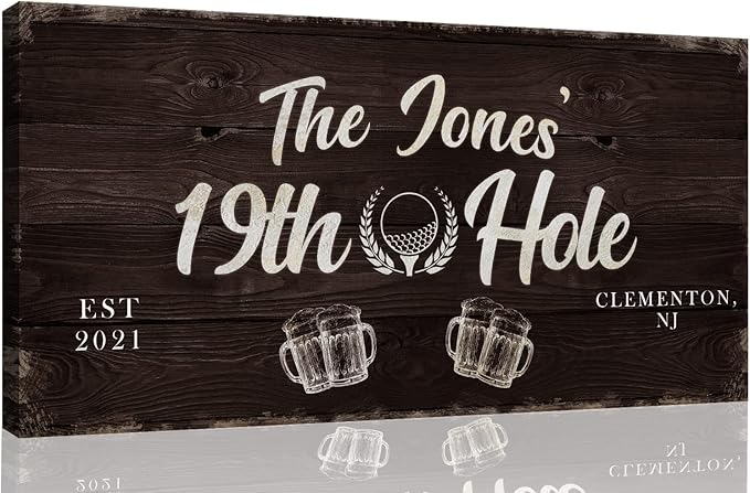 TAILORED CANVASES Golf Art Decor - Personalized Vintage Golf Wall Art Sign for Man Cave, Bedroom, Basement, Home Bar and Custom Gift for Husband, Dad, Wedding & Anniversary - 19th Hole Sign, 20"x10"