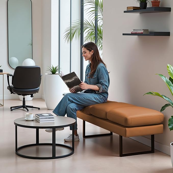 Furniwell Waiting Room Seating - 3-Seat Faux Leather Reception Bench, Office & Conference Room Guest Chair, Brown