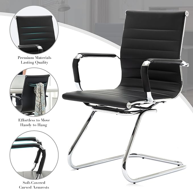CIMOTA Waiting Room Chairs Leather Office Guest Chair Mid Back Reception Chairs with Sled Base for Meeting/Patient/Conference Room, Black Set of 8