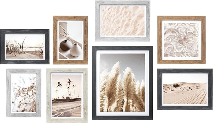 ArtbyHannah Gallery Wall Frame Set, 8 Pack Picture Frames Collage Wall Art Decor with Neutral Pampas Grass for Bedroom, Assorted Size Including 8"x10", 5"x7", 4"x6", 6"x6"(Multi-color Frame,Small)