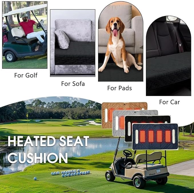 Universal Heated Golf Cart Seat Cover - Waterproof Golf Cart Heater Accessory w/ 4-Zone Warmth, 3 Heat Levels, USB/Type-C & 12V Plug for EZGO/Yamaha/Club Car (Brown)