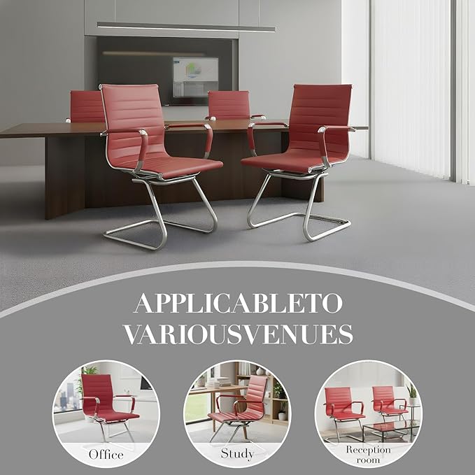 CIMOTA Waiting Room Chairs Leather Office Guest Chair Mid Back Reception Chairs with Sled Base for Meeting/Patient/Conference Room, Red Set of 4
