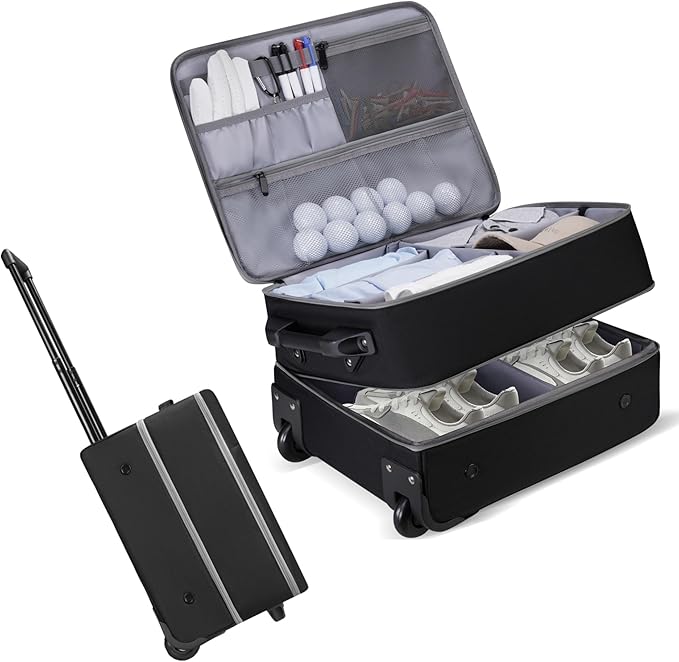 Golf Trunk Organizer with Wheels, 2 Layer Waterproof Golf Organizer for Car, Separate Ventilated Compartment for 2 Pair Shoes, Storage for Clothes & Accessories, Golf Gifts for Men & Accessory ﻿