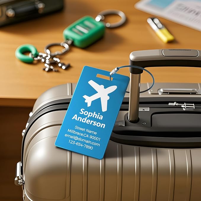 4 Personalized Metal Luggage Tags for Suitcase, Laser Engraved with Text and Logo, Custom Aluminum Name Tags with Stainless Steel Ring, for Travel, Golf Bag, and Baggage (Red)
