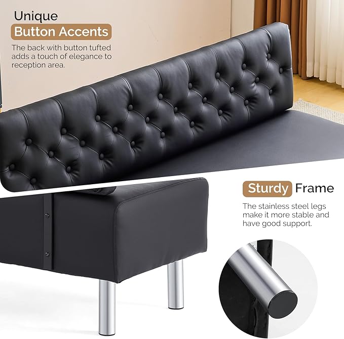 OmySalon Waiting Room Bench with Back, 58.6’’ Office Guest Chair Upholstered Reception Seating, Lobby Furniture for Beauty Salon Barbershop Airport Bank Hall Room Conference, Button Tufted, Black