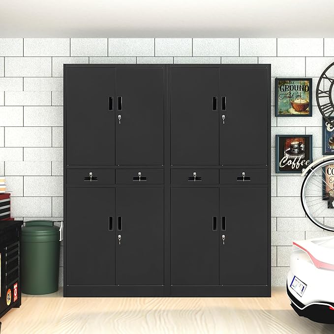 CJF Metal Storage Cabinet, 71" H Metal Cabinets with Adjustable Shelves and Drawers, Locking Storage Cabinet for Pantry, Office, Garage, Home, School, Utility (Black)