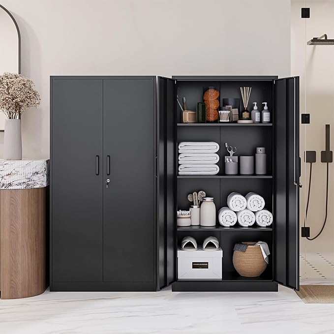 Letaya Metal Black Storage Cabinet with Adjustable Shelves and Lock Door-Metal Pantry Cabinets for Home,Office,Warehouse,Utility Room