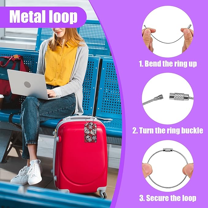 3 Pack Skull Flowers Luggage Tags for Suitcase PU Leather Travel Luggage Tag Privacy Cover ID Label for Women Men Baggage Backpack Handbag School Bag