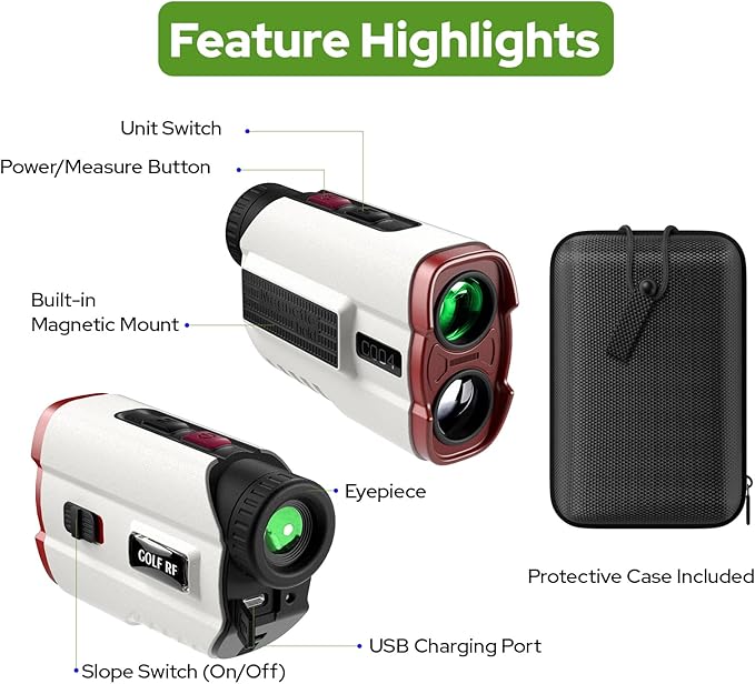 Golf Rangefinder with Slope, 1200 Yards Laser Range Finder with High-Precision Flag Pole Locking Vibration, 7X Magnification, Rechargeable Battery