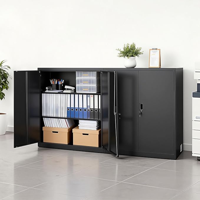VEVOR Metal Storage Cabinet, 41.7 in Steel Garage Cabinet with 2 Adjustable Shelves, 2 Magnetic Doors & 2 Keys, 3 Tiers Lockable Tool Storage for Pantry, Warehouse, Basement, Office, Black
