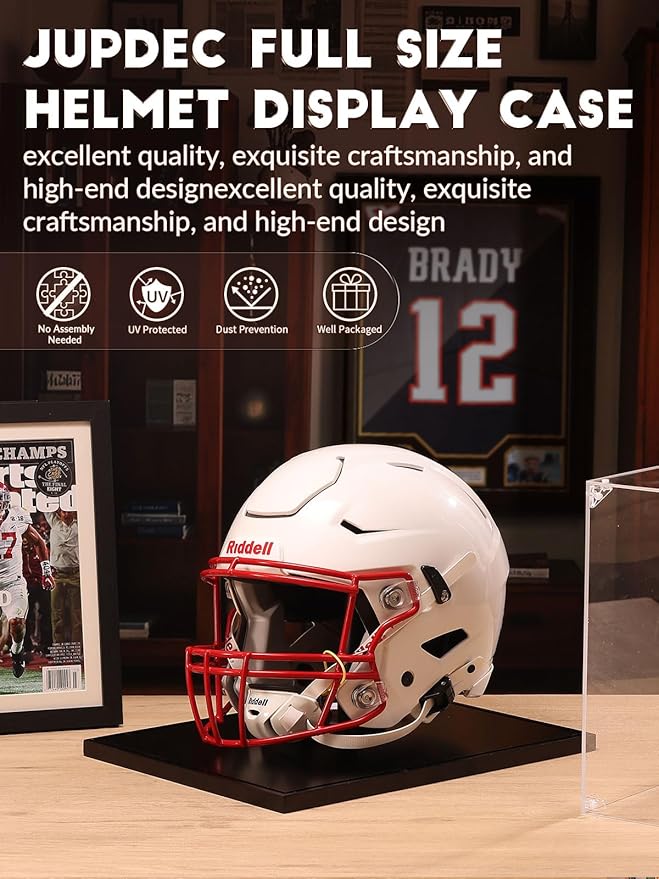 JupDec Football Helmet Display Case, Full Size Acrylic Baseball Motorcycle Helmet Showcase, UV Protection Souvenirs and Collectibles Box with Solid Wood Base & Riser, Ideal Gift for Sports Fans, Black