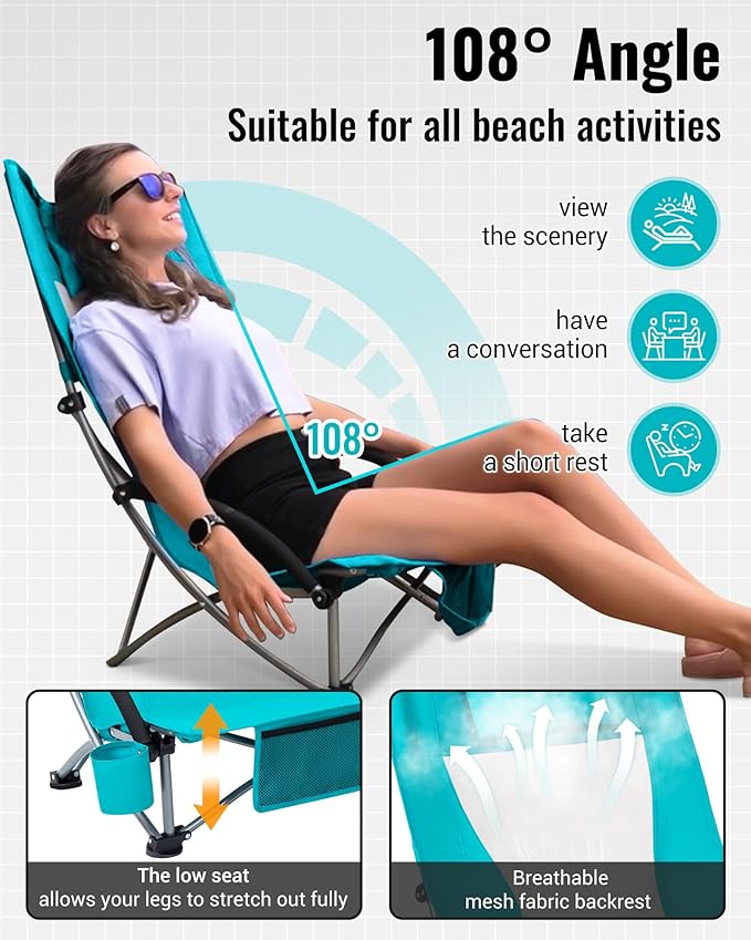 KingCamp Low Beach Chairs, Folding Portable Chair for Adults Lightweight Extra Wide Seat 300lbs Heavy Duty Oversized Backpack, Carry Bag for Camping