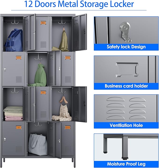 METAN Metal Locker for School Office Gym Bedroom, 12 Doors Steel Storage Locker Cabinet for Employees, Industrial Storage Locker, Assembly Required,Dark Gray