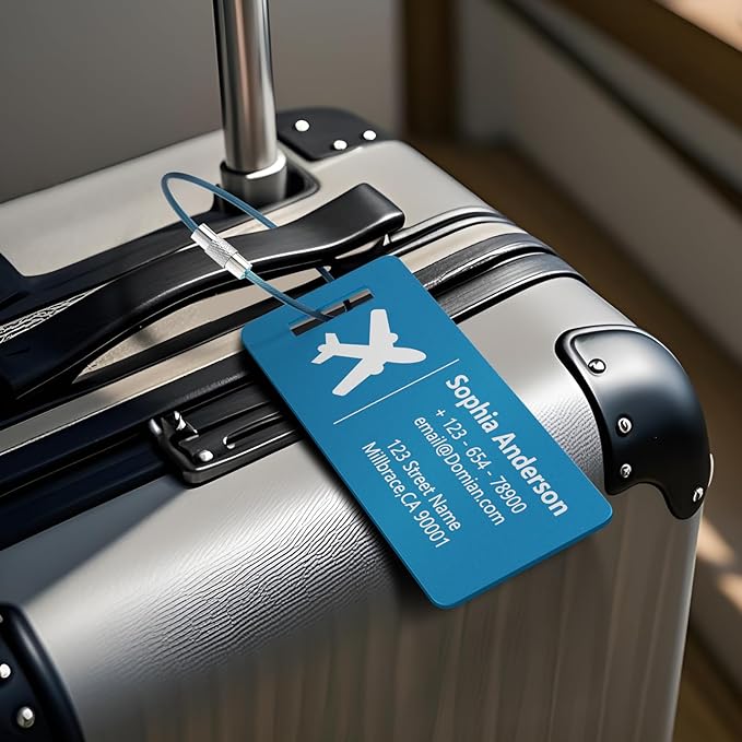10 Personalized Metal Luggage Tags, Custom Suitcase Aluminum Name Tags with Steel Ring, Laser Engraved Name and Logo, for Travel, Backpack, Baggage, Golf Bag (Blue)