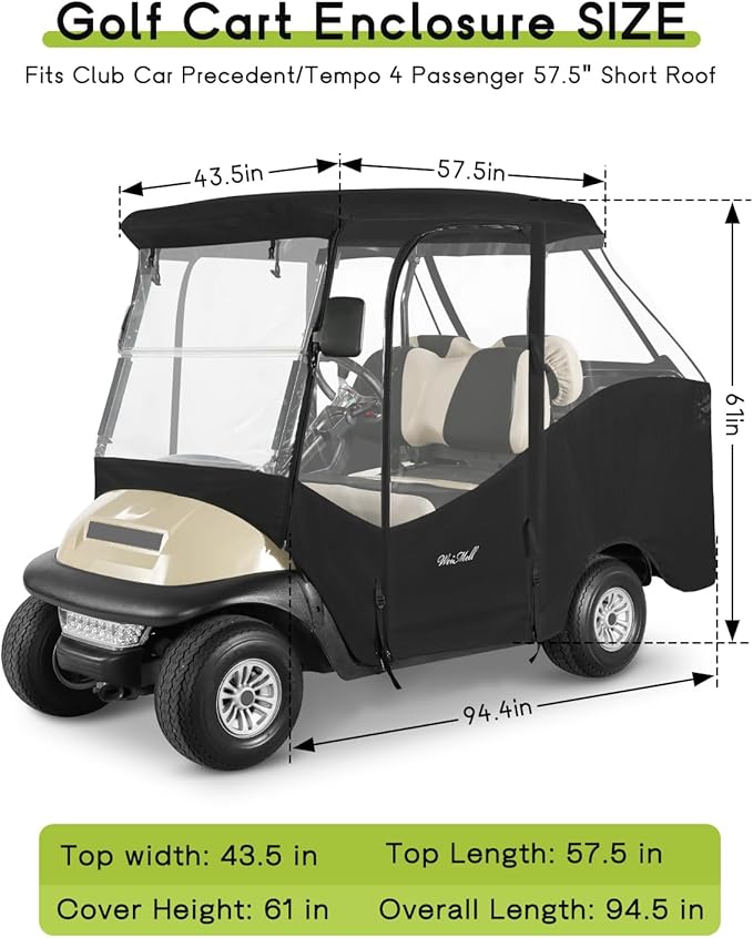 4 Passenger Golf Cart Enclosure for Club Car Precedent Tempo Short Roof 2+2 57.5" Waterproof Windproof Driving Rain Cover 4-Seater with 4-Sided Clear Windows Roll-up Zipper Door Black