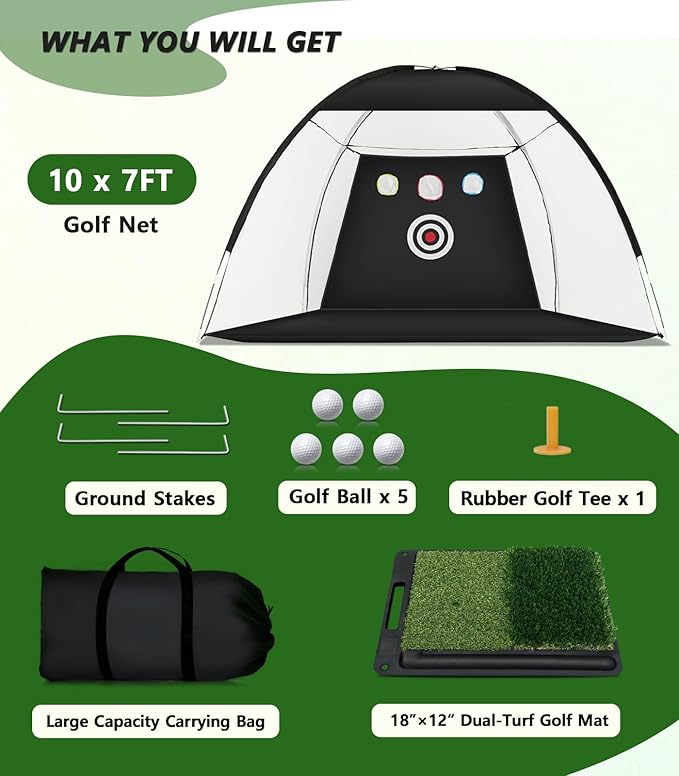 Golf Net with Heavy-Duty Hitting Mat for Indoor & Outdoor Golf Hitting Chipping Swing Driving Practice, Mult-Targets 10x7ft Practice Nets for Backyard Driving, Gifts for Men Dad Husband Golfers