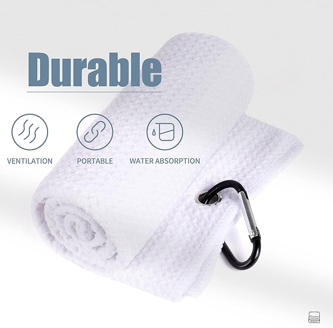 Mile High Life 2 Pack White Microfiber Tri-Fold Golf Towels with Carabiner Clip, Water Absorbent, Size 16"x21"