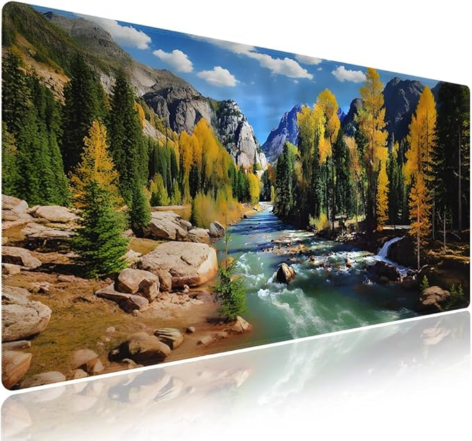 Wknoon. Extra Large Gaming & Office Mouse Pad (31.5" x 11.8") – Natural Landscape Mountains of Colorado with Forest & River Summer Foliage Idyllic Design, XXL Desk Mat with Durable Stitched Edges