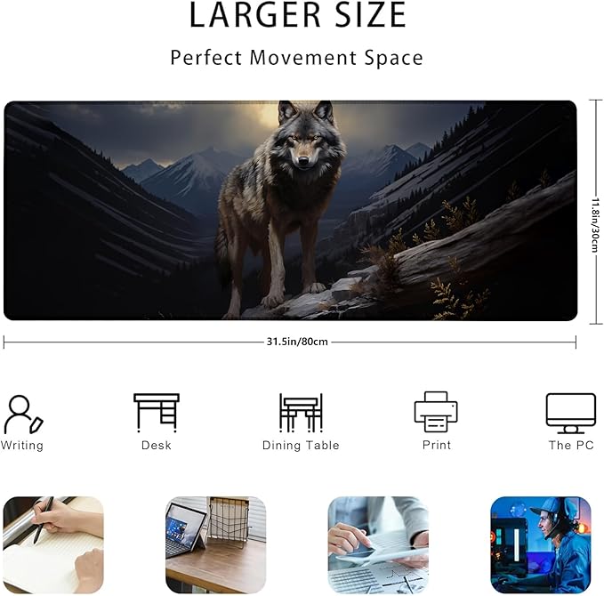 Wolf Gaming Mouse Pad Gifts 31.5" x 11.8", Non-Slip Rubber Base MousePads for Computers Laptop School Office Home Accessories Decor, Mouse Pad, Keyboard Desk Mat