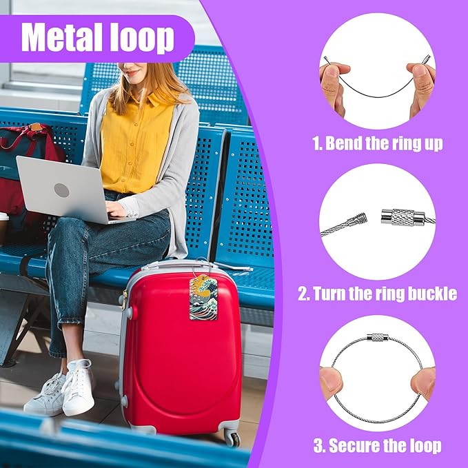 3 Pack Japanese Ocean Wave Luggage Tags for Suitcase Great Waves PU Leather Travel Luggage Tag Privacy Cover ID Label for Women Men Baggage Backpack Handbag School Bag