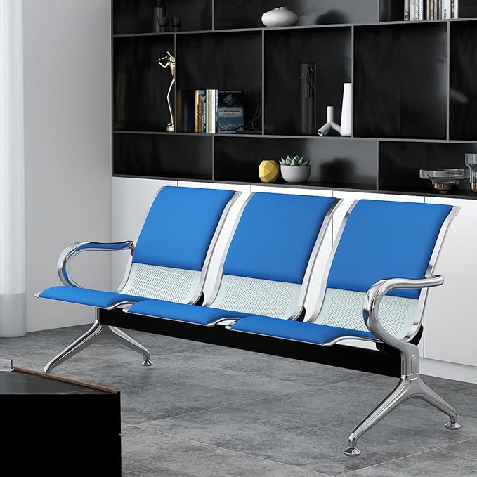 Kinfant Blue 5-Seat Waiting Room Chairs with Arms – Heavy-Duty Steel Frame PU Leather Back & Cushioned Seat, Ergonomic Office Reception Guest Chair for Lobby, Clinic, Airport