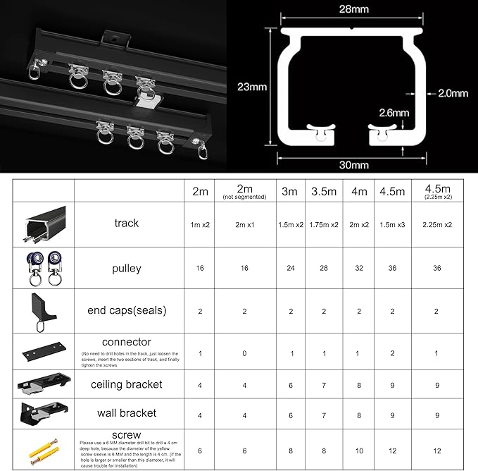 Aluminum Alloy Silent Curtain Tracks Ceiling Or Wall Mounted Curtain Rail Drapes Rail Room Dividers Sliding Curtain Rail (black, 2m(not segmented))