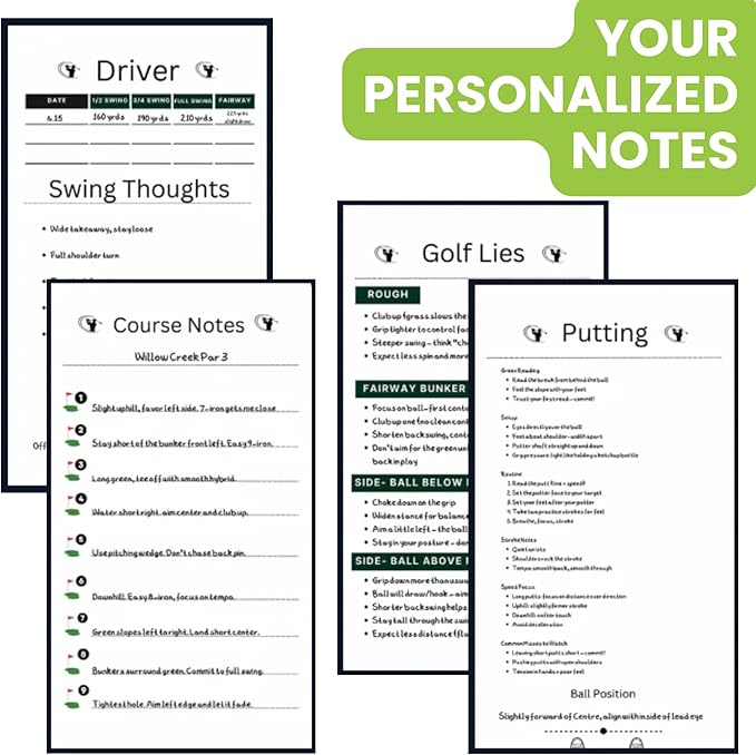 Golf Notebook – Compact Golf Journal with Vegan Leather Cover – Back Pocket Size Golf Log Book for Yardage, Stats, Practice & Course Notes (Black)