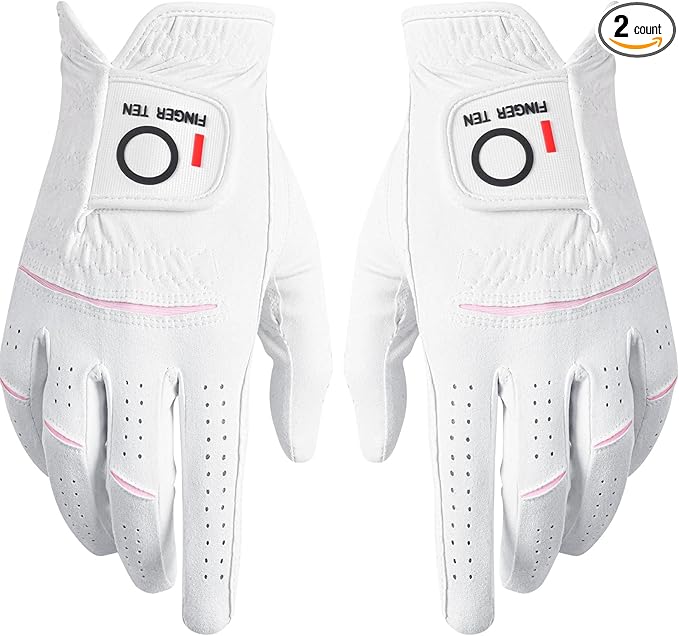 FINGER TEN Womens Ladies Golf Gloves Pair Both Hand or 2 Pack Left Right Hand, All Weather Grip & Comfortable Glove for Serious Performance, Stylish Pink White Fit S M L XL
