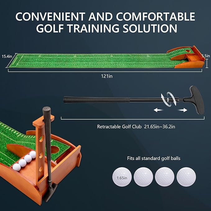 Golf Putting mat with Auto Ball Return, Putting Green Indoor, Crystal Velvet Mat and Solid Wood Base, Game Practice Golf Gifts for Home, Backyard, Office