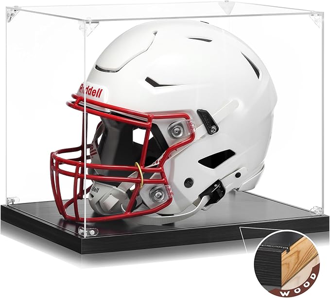 JupDec Football Helmet Display Case, Full Size Acrylic Baseball Motorcycle Helmet Showcase, UV Protection Souvenirs and Collectibles Box with Solid Wood Base & Riser, Ideal Gift for Sports Fans, Black