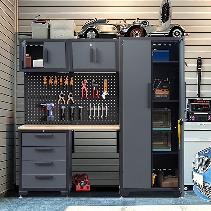 Garage Storage Cabinet System 7-Pcs Workshop Set Garage Cabinets and Storage System with Steel Cabinet Drawers, Workbench, Pegboard for Tool Organization