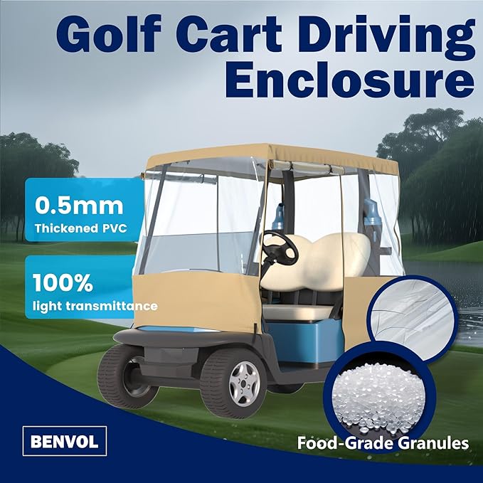 BENVOL Golf Cart Cover, For 2 Seater, Driving Use, 4 Sides Rolled Up, Waterproof, Windproof, Dustproof, 600D Waterproof Oxford Cloth, Super Transparent EVA, For Club Car Precedent/Tempo/ Onward, EZGO