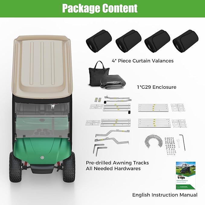 10L0L 3-Sided Track Style Golf Cart Enclosure fit 2 Passenger Yamaha G29 Drive,Waterproof 600D Oxford Cloth Yamaha Rain Cover with Aluminum Pre-Drilled Track,Clear PVC Windshield-Black Valance