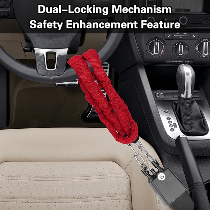 Universal Cars Steering Wheel Lock, Seat Belt Lock, Club Steering Wheel Lock, Lightweight & Portable, Car Security Anti-Theft Device Fits Most Vehicles, SUVs, Golf Carts, Includes 2 Keys (Red)
