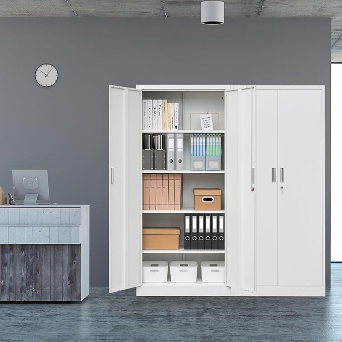 CJF Metal Storage Cabinets with 5 Adjustable Shelves, 71" H Locking Storage Cabinet for Garage, Office, School - White