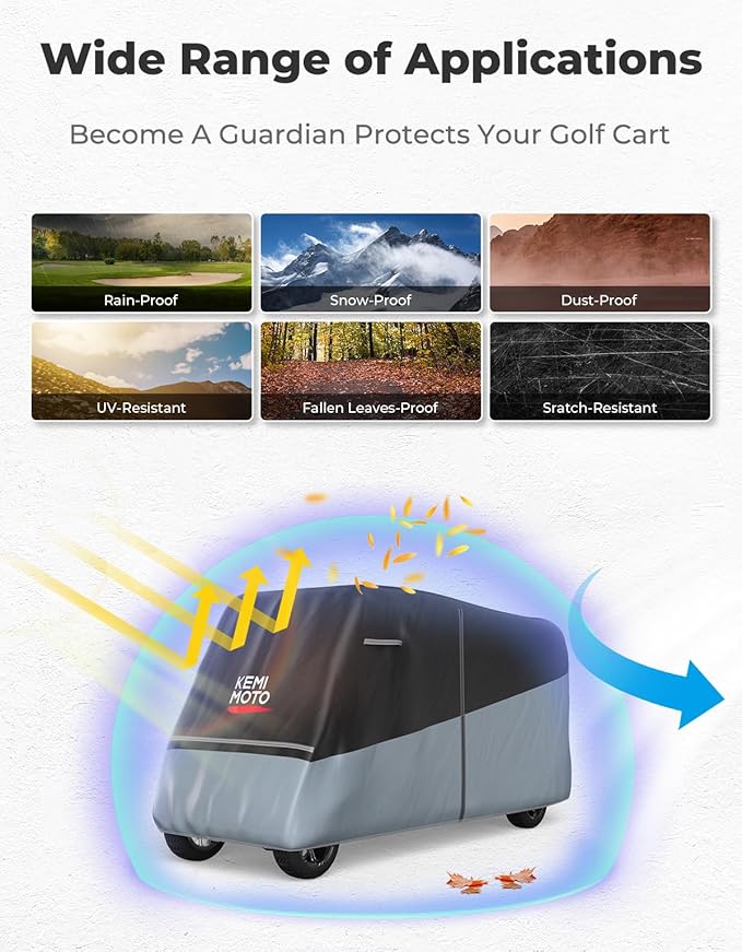 KEMIMOTO Golf Cart Cover, 2/2+2/4/4+2/6/6+2/8 Passenger Heavy Duty Golf Cart Rain Covers with Storage Bag Universal Compatible with EZGO Club Car